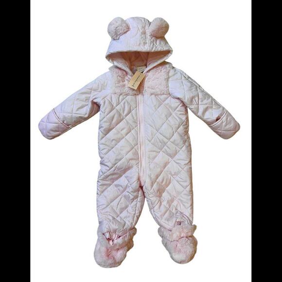 First Impressions Quilted Faux Fur Detachable Footed Hood Snowsuit Baby Pink 12M - Picture 1 of 8